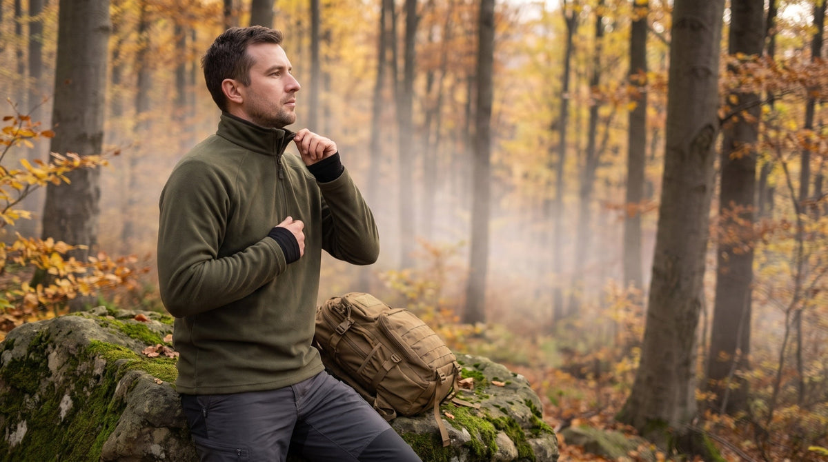 Bărbat care își închide fermoarul unei bluze fleece Troyer microfleece MFH OD Green peste o bluză termică neagră, în pădure de fag toamna