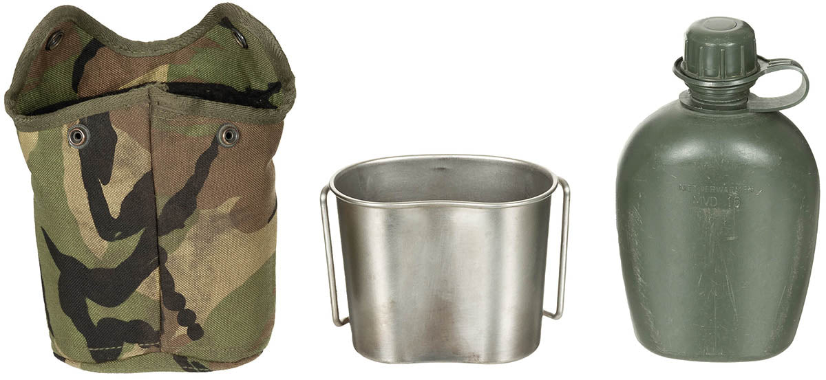 Bidon apa olandez cu husa camuflaj si cana inox surplus militar autentic