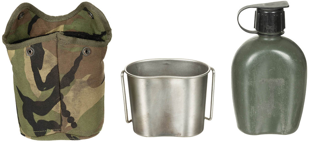 Bidon apa olandez cu husa camuflaj si cana inox surplus militar autentic