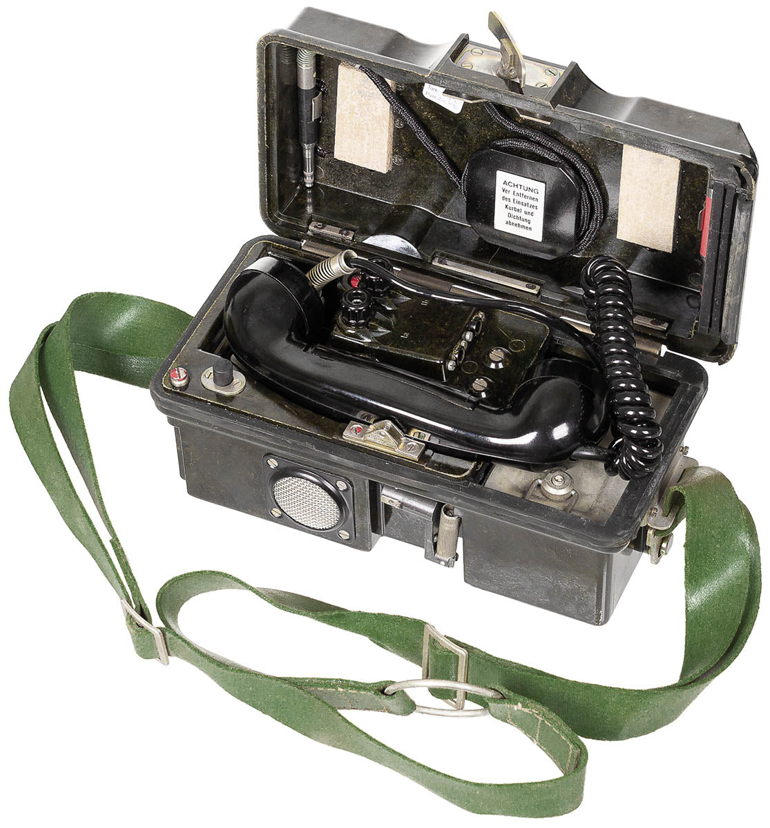 Telefon de campanie NVA in valiza, cu accesorii surplus militar autentic